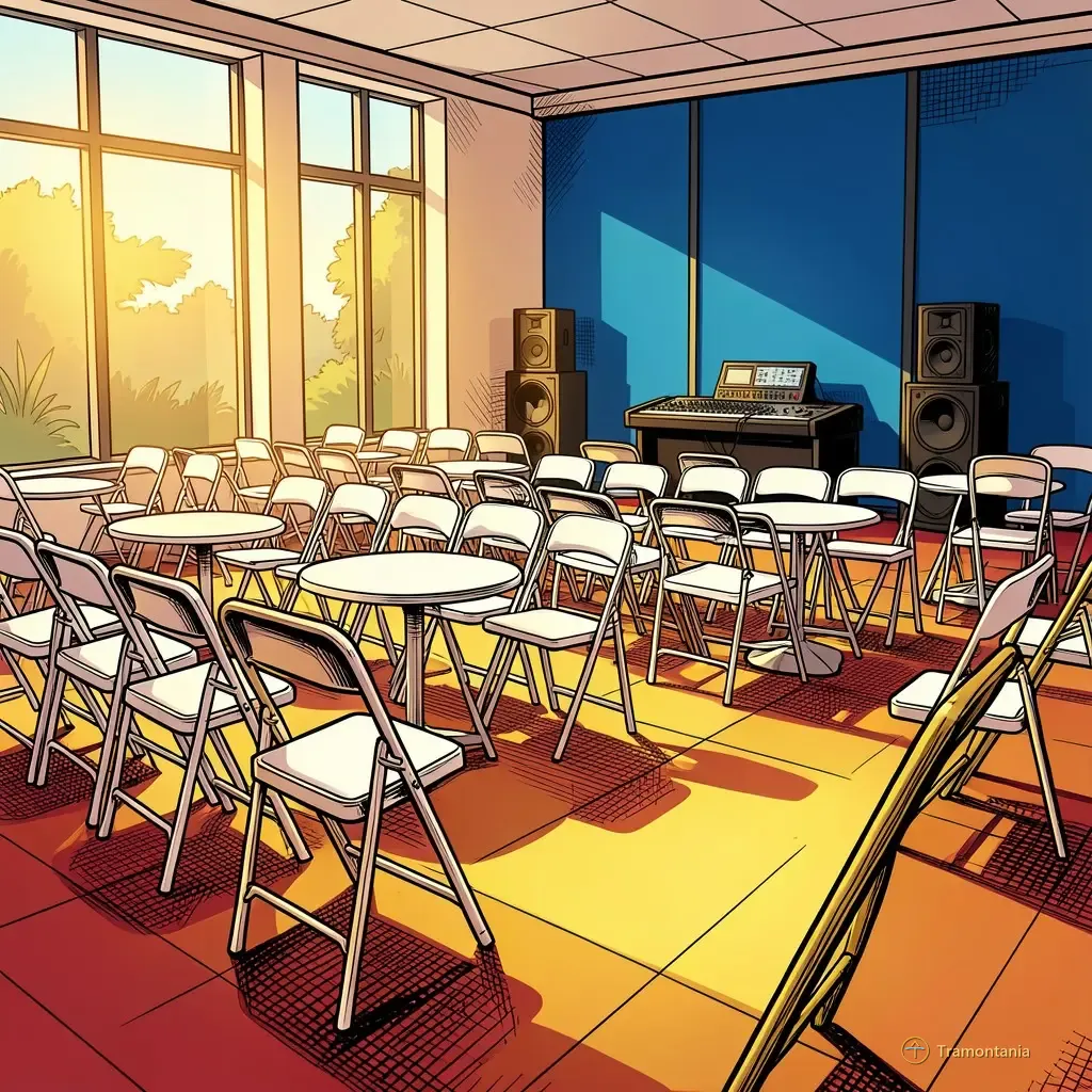 Des rangées de chaises pliantes blanches propres et petites tables rondes sont disposées sur le sol, près d'un équipement sonore professionnel