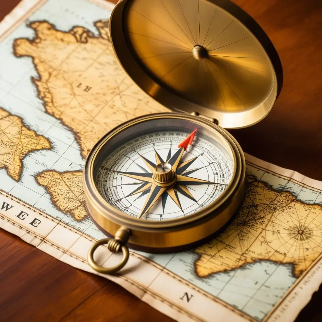 Close up of antique brass compass and old leather maps on a wooden table with soft natural light highlighting texture
