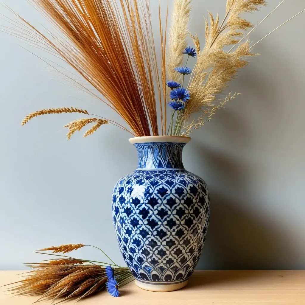 Detail shot of vintage ceramic vase with blue patterns next to wild autumn flowers and dried grasses