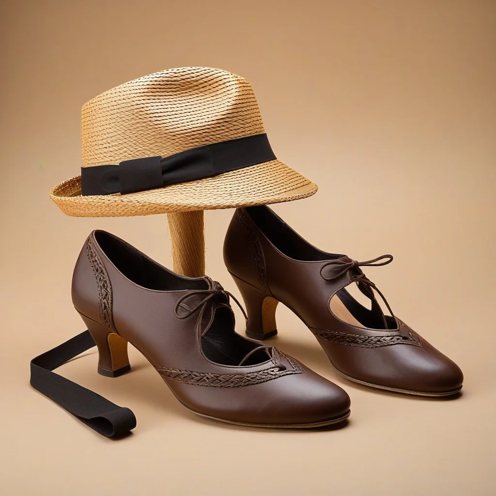 Une paire de chaussures de danse féminines des années 1960, en cuir brun usé jusqu’à la corde, posées à côté d’un vieux chapeau en paille déchiquetée. Elles sont sur une marche de pierre, sous une lumière oblique. Les lacets sont noués, mais les semelles ont disparu. Comme si quelqu’un les avait retirées après la dernière danse et les avait oubliées là, en attendant le lendemain.