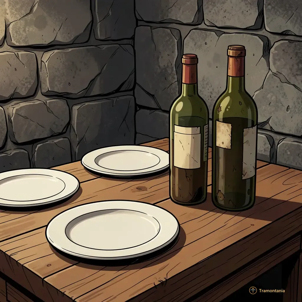 Un dessin montre une surface de table en bois supportant des assiettes vides et deux bouteilles anciennes contre un mur de pierres brutes