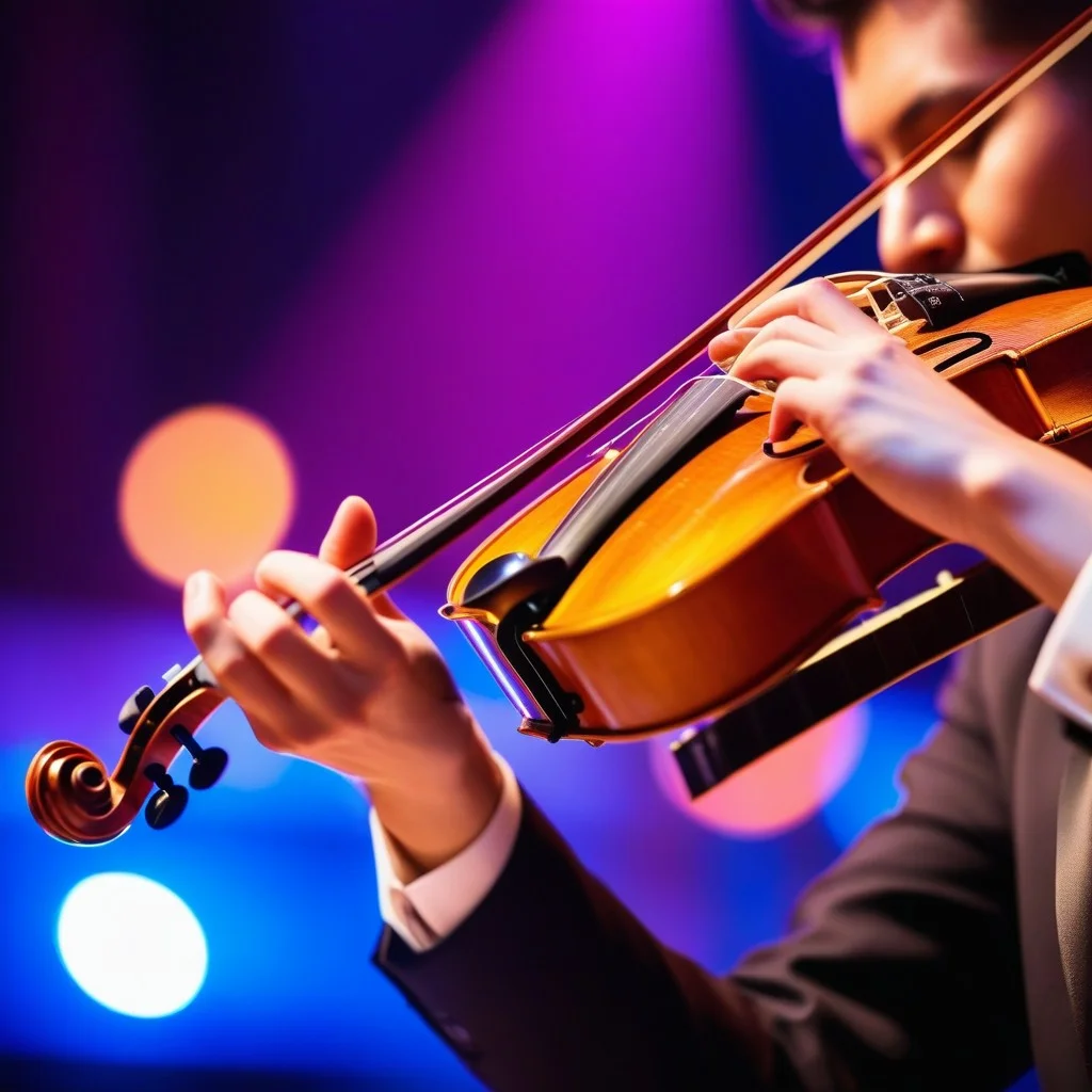 Close-up of a violinist's hands moving rapidly across the strings, illuminated by a sharp spotlight, with blurred colorful bokeh lights in the background suggesting a lively concert atmosphere.