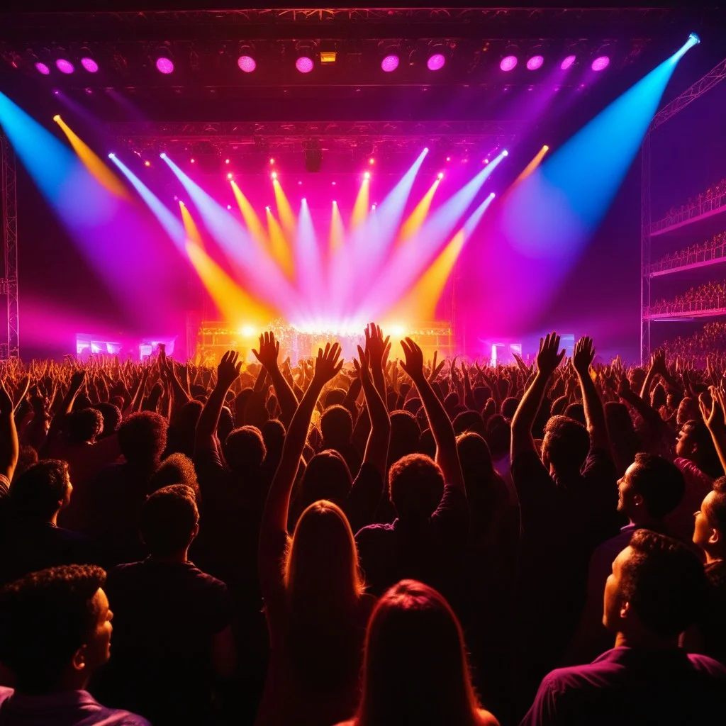 Dynamic view of the audience from behind, showing a sea of heads and raised hands, silhouetted against the bright, colorful glow of the stage, conveying a sense of collective excitement and joy.