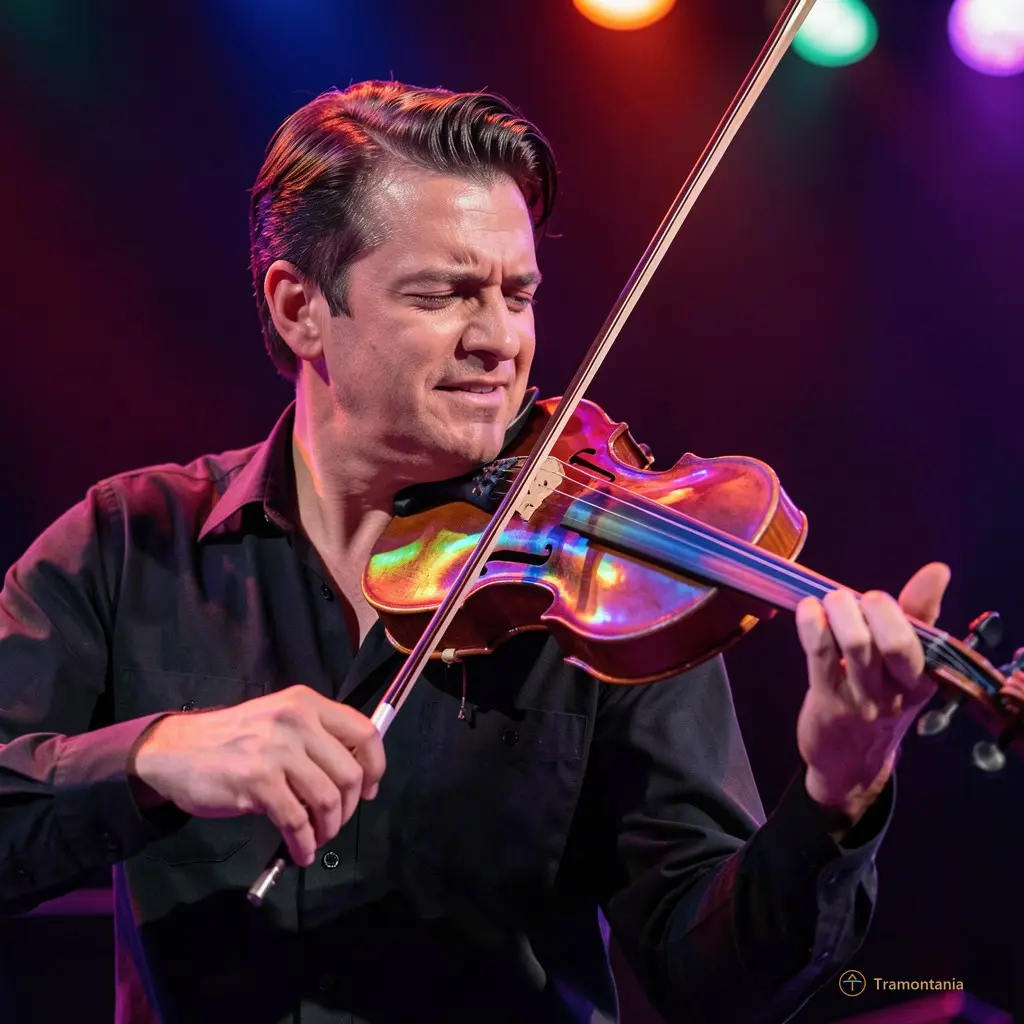 Close-up of a violinist playing passionately with colorful stage lights reflecting on the instrument