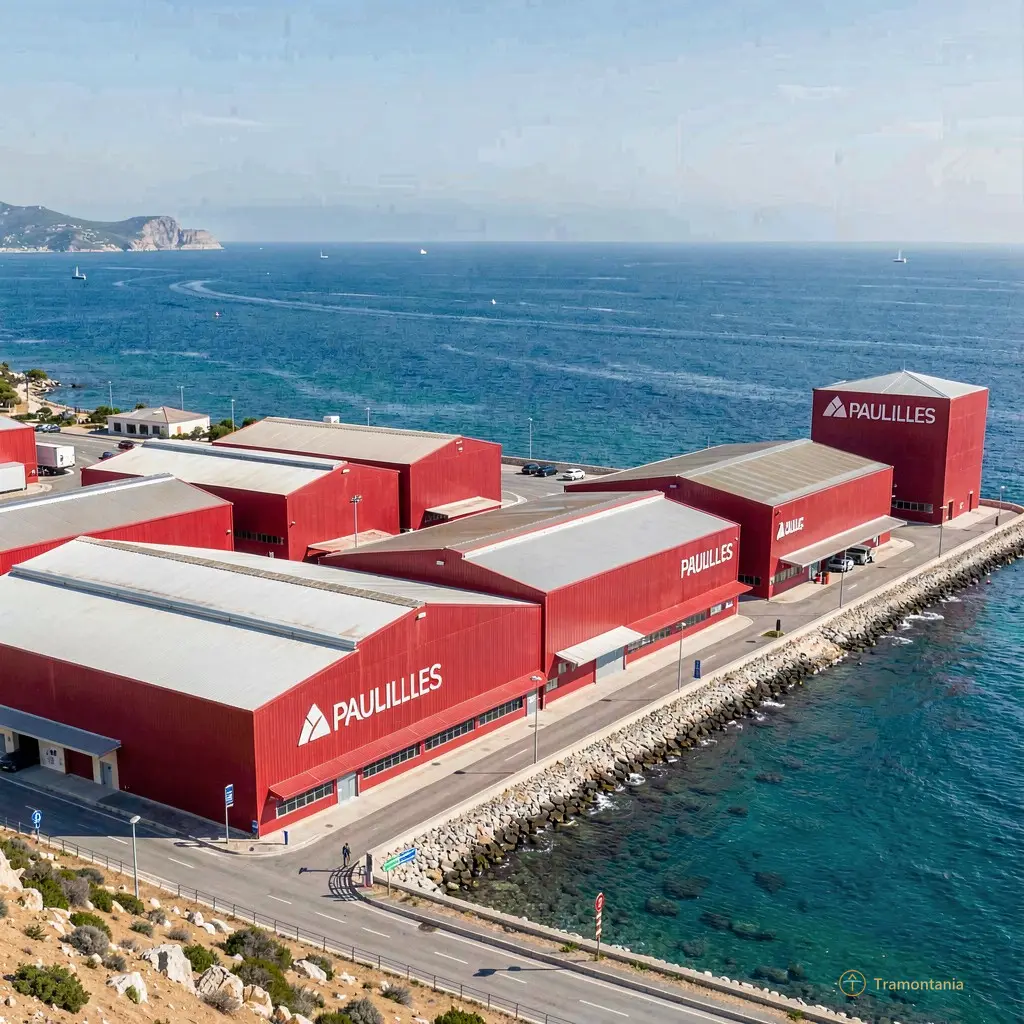 Wide shot of the red industrial facades of Paulilles site facing the blue Mediterranean sea