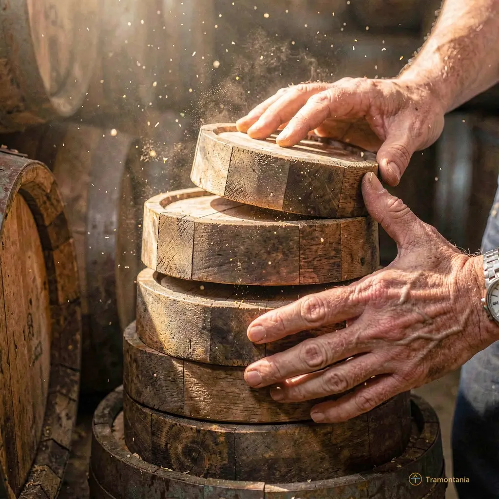 Close up of hands stacking wooden barrels, dust motes dancing in a beam of light