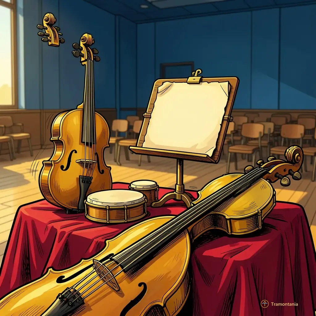 A detailed shot of several antique brass and wooden musical instruments (e.g., a mandolin body, sheet music stand with aged paper, small percussion items) arranged on a draped velvet cloth in an empty rehearsal space, viewed at eye level during the late afternoon