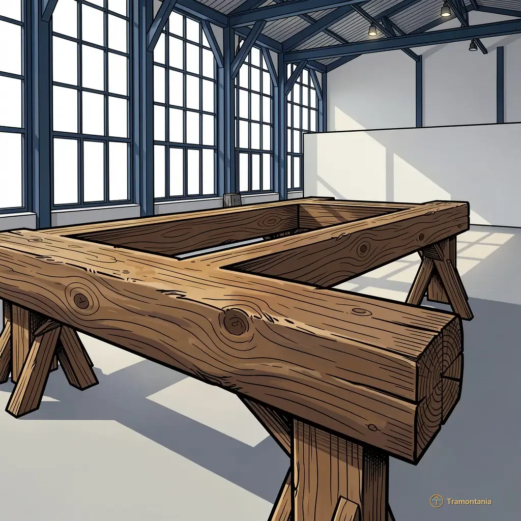 Une poutre en bois ancienne reposant sur un support temporaire révèle son grain profond témoignant du savoir-faire passé