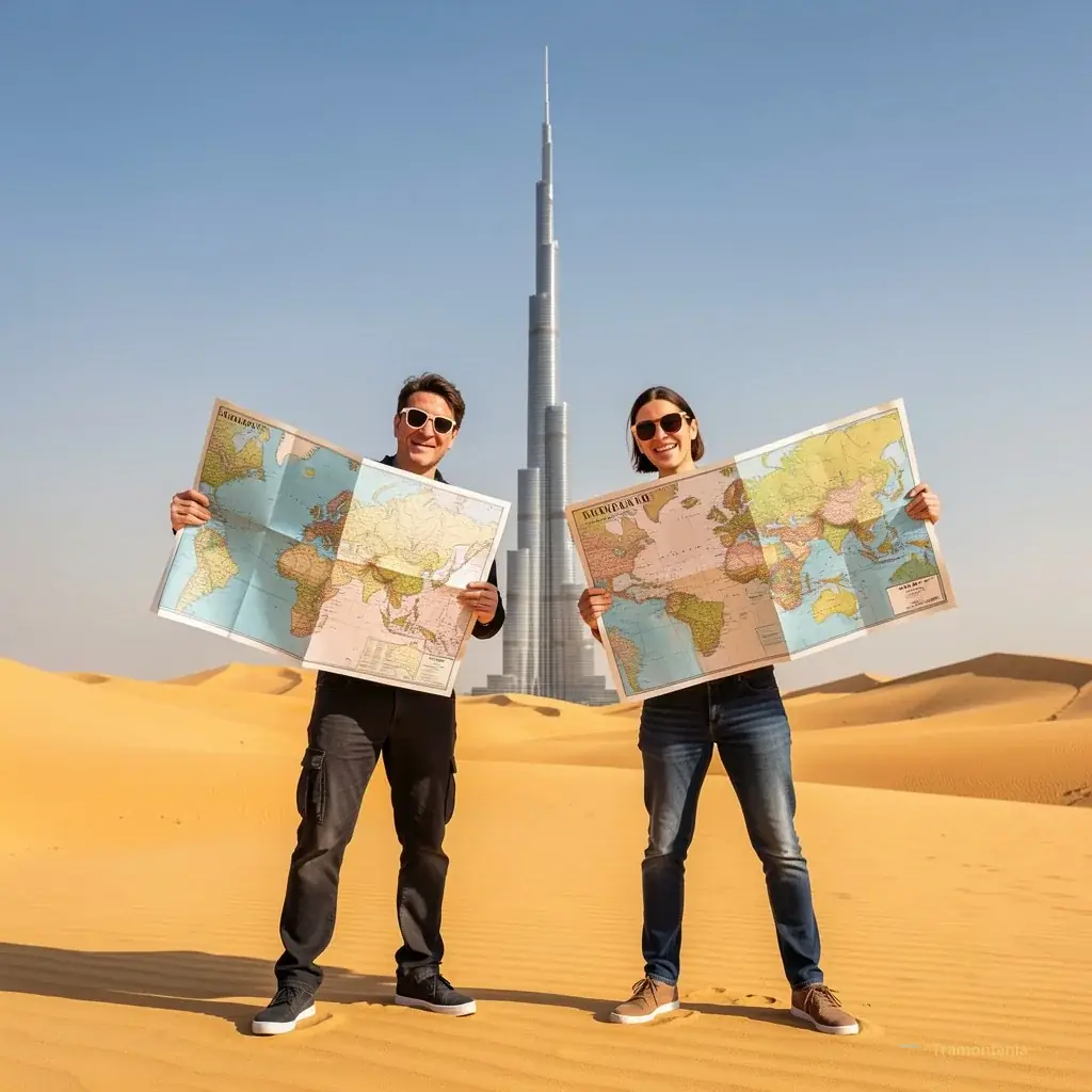 Two actors in exaggerated tourist poses holding oversized maps and sunglasses against a backdrop of golden desert dunes contrasting with the silhouette of the Burj Khalifa