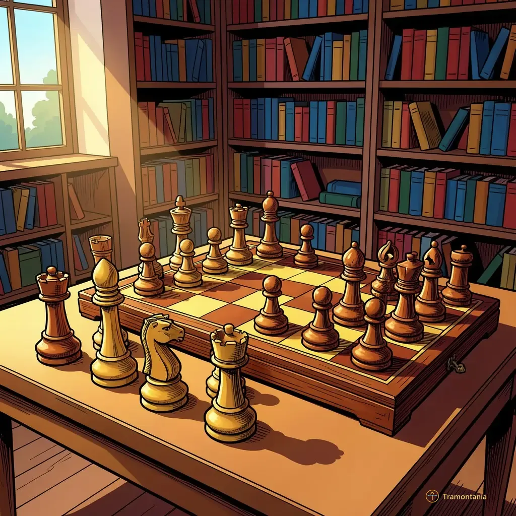 Un ensemble d'anciennes pièces et plateaux d'échecs sont étalés sur une surface de table devant des étagères remplies de livres
