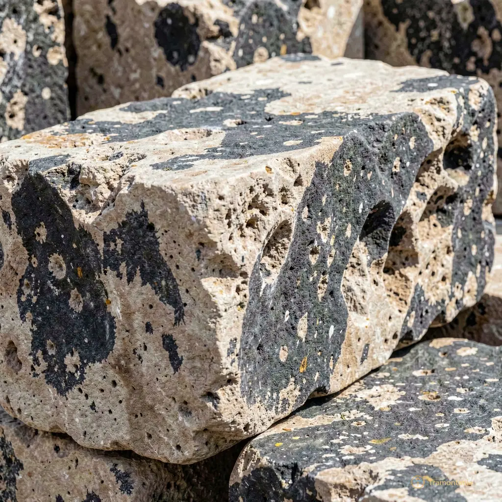 Close-up texture of weathered limestone blocks showing erosion and age