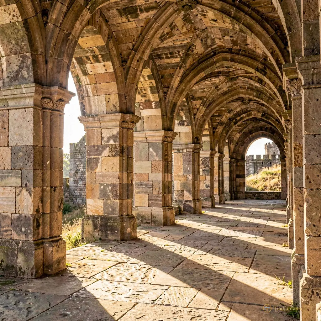 Sunlight filtering through ancient stone archways casting long shadows on the ground