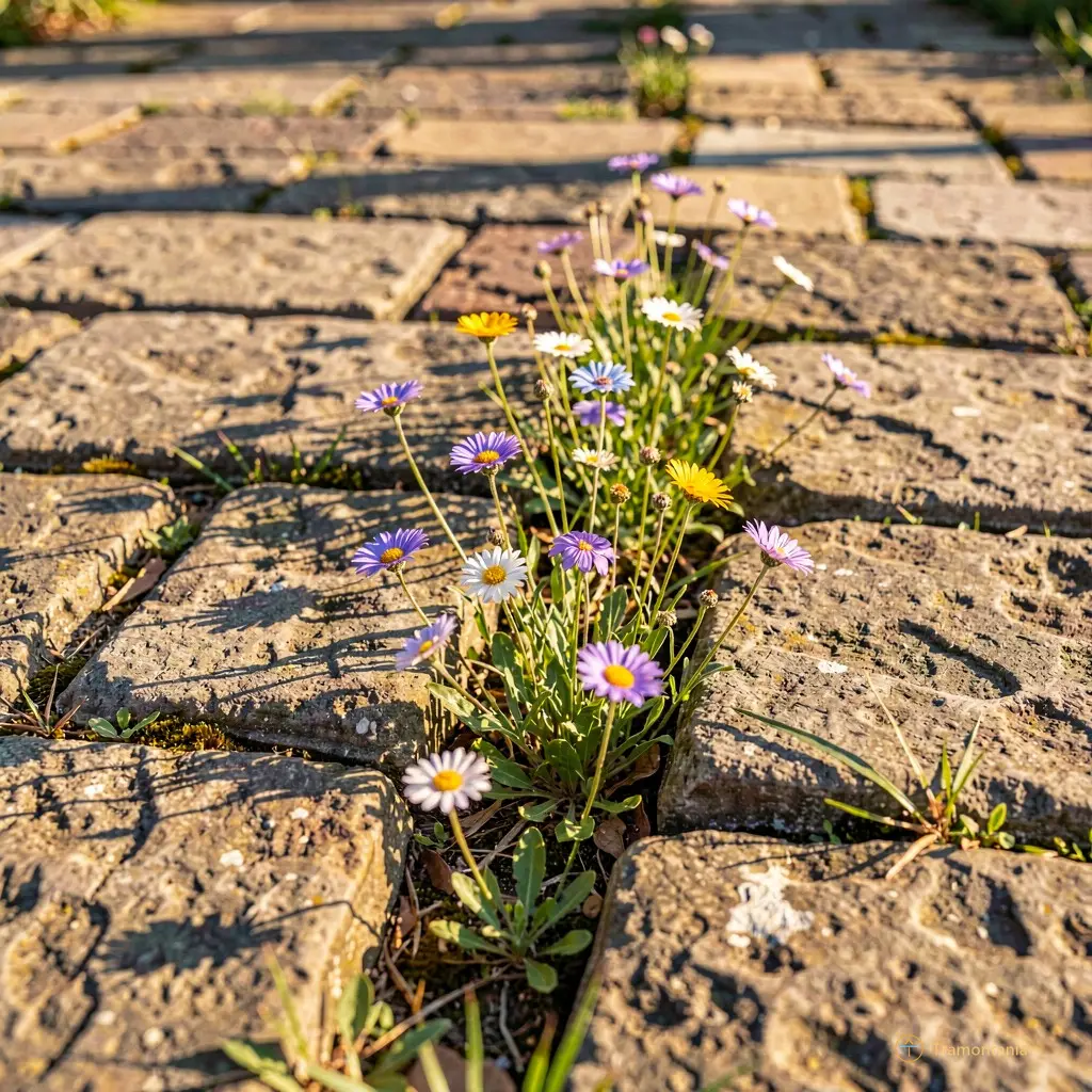 Wildflowers growing between the cracks of ancient stone pavement in warm afternoon light