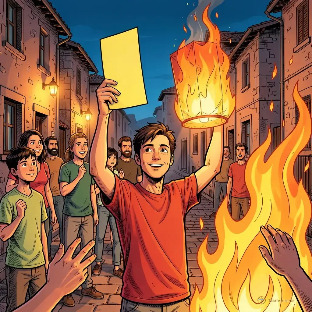 Nino, l'âne de Tramontania — Un groupe de personnes dans une rue ancienne observe un spectacle de feu au crépuscule avec une lanterne colorée en évidence