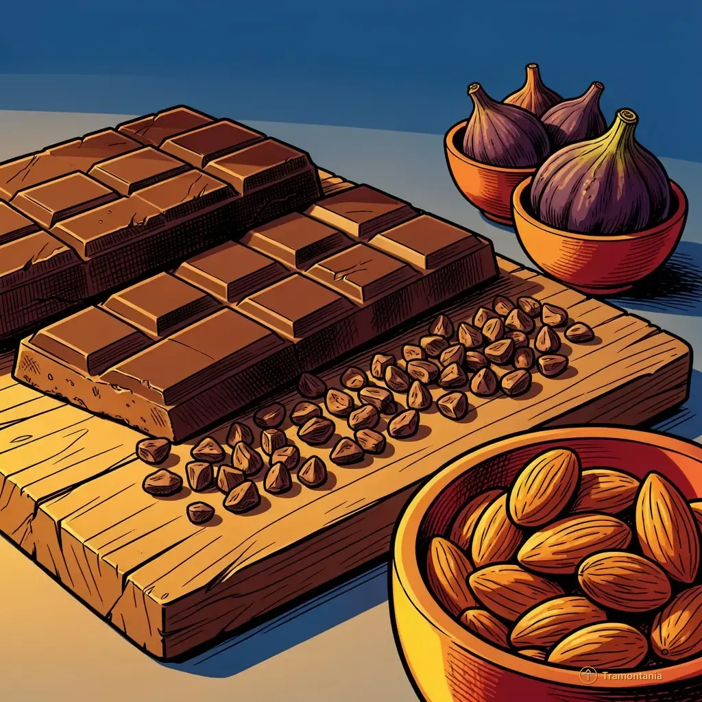 Nino, l'âne de Tramontania — Divers blocs de chocolat finis et éclats de cacao sont disposés sur un plateau rustique avec des fruits secs locaux