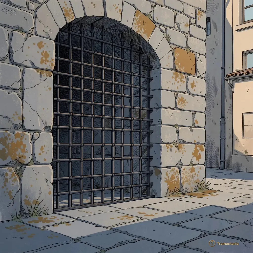 Medium shot of an intricate metal grate (wrought iron) fixed to a stone passage wall in Elne's old quarter during the late afternoon light, showing signs of wear and local lichen growth on surrounding limestone blocks.