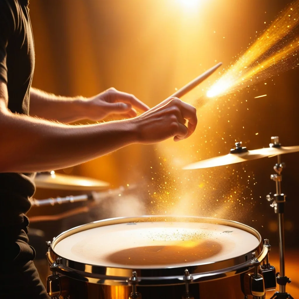 Dynamic low-angle shot of a drummer's hands striking a snare drum with motion blur, surrounded by swirling golden light beams and dust particles, emphasizing the raw energy and rhythm of the live ensemble.