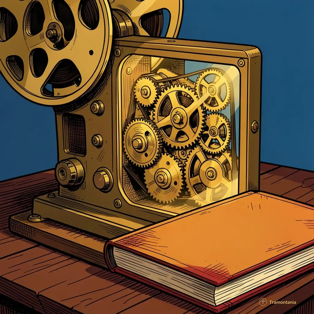 Nino, l'âne de Tramontania — A detailed shot of a vintage, mechanical cinema projector mechanism resting on dark wood. The focus is on the complex arrangement of brass gears and belts visible under glass. 2D comic book illustration style.