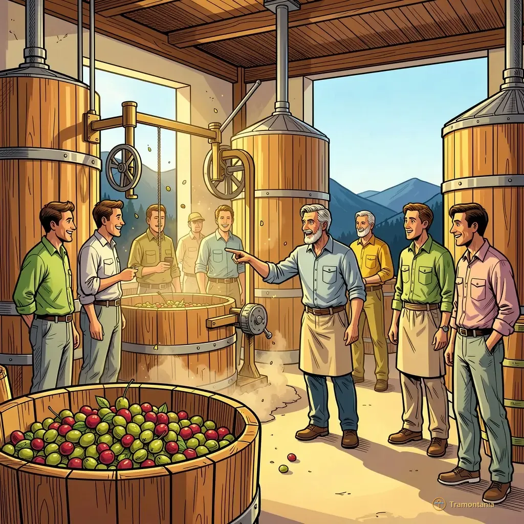 Nino, l'âne de Tramontania — Plusieurs grandes cuves en bois poli et équipements mécaniques occupent l'intérieur du moulin à huile artisanal où se tiennent plusieurs personnes