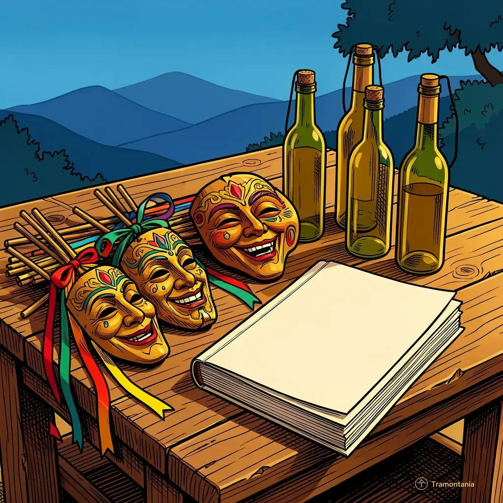 Nino, l'âne de Tramontania — Sur une table rustique sont disposés divers objets festifs comme des rubans, des masques anciens et des bouteilles vides