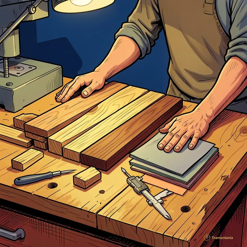 Des morceaux variés de bois spécialisé et quelques outils précis reposent sur une surface de travail faite de chêne brut