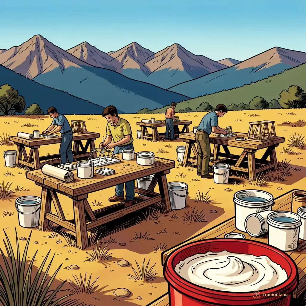Plusieurs longues tables en bois sont installées sur une zone extérieure près du massif du Canigou, avec divers matériaux artisanaux disposés dessus