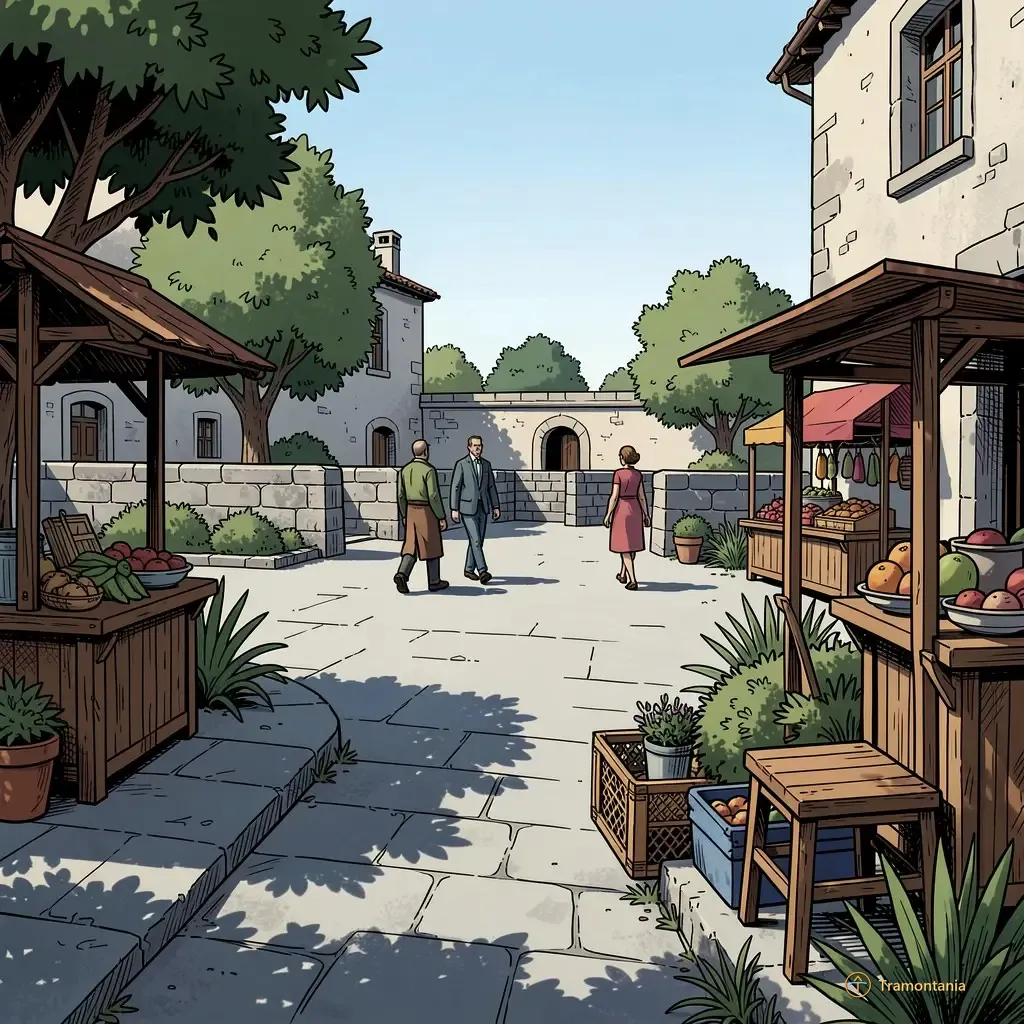 Une petite place ouverte au centre d'Eus montre quelques personnes traversant un espace près de structures basses en pierre sous le soleil du midi