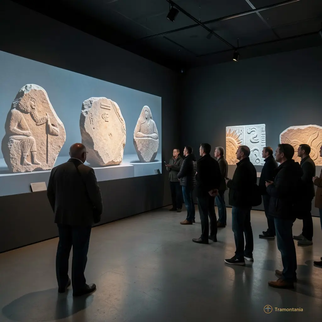 Visitors quietly observing the projected images of rock engravings in a dimly lit exhibition space