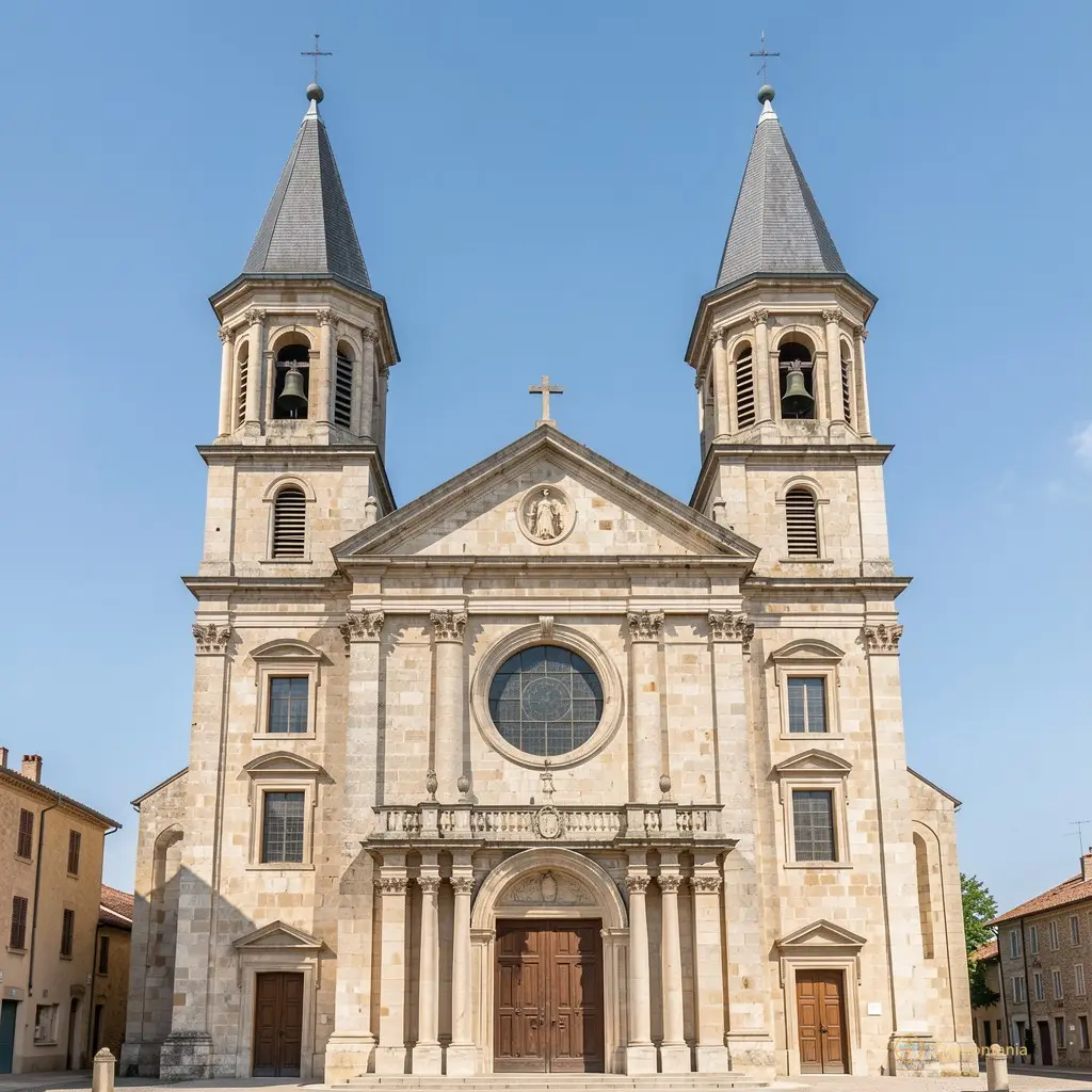 The facade of the Saint-Marie church in Campôme, highlighting its two bell towers against a clear sky