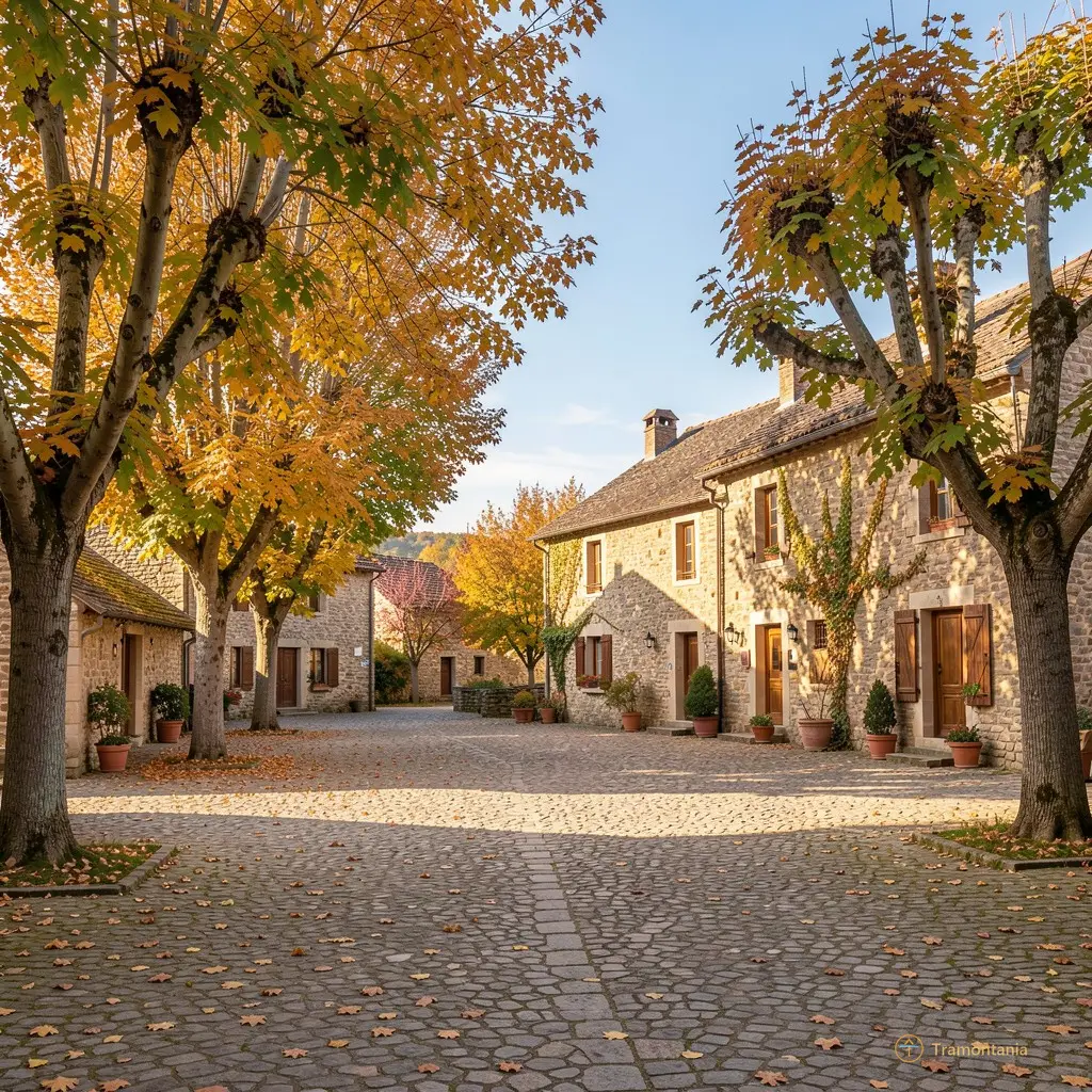 A wide shot of the Campôme village square with its trees and traditional stone houses under autumn light