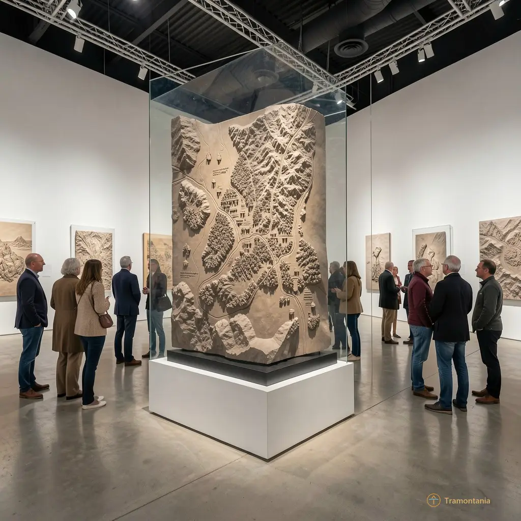 Wide shot of the exhibition space with visitors observing the large relief map displayed on a central pedestal