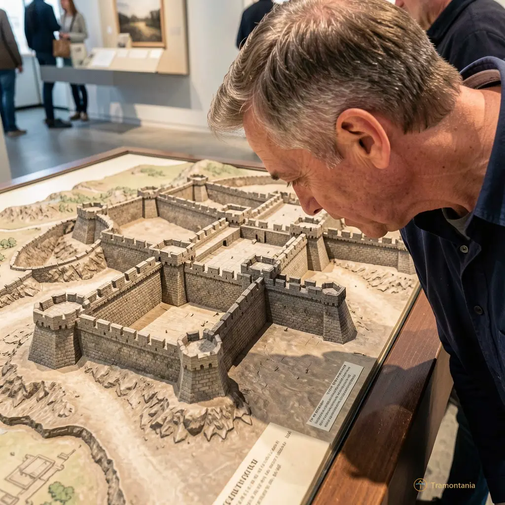 A visitor leaning in to examine the fine details of the fortifications on the relief map