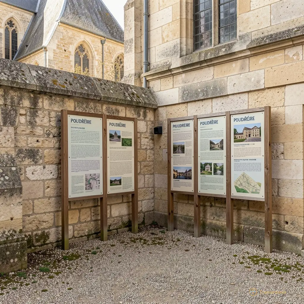 A quiet corner of the Poudrière showing informational panels and a glimpse of the historic architecture