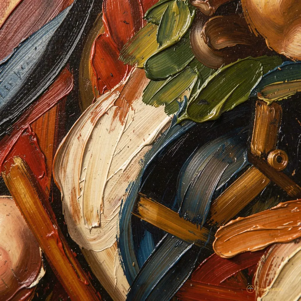 Gros plan sur un détail pictural montrant la texture épaisse des pigments et les coups de pinceau énergiques caractéristiques du style baroque tardif
