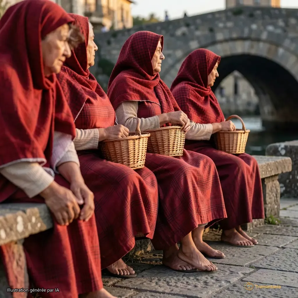 Détail de trois femmes assises sur un banc de pierre, près du pont ancien. Elles portent des fichus à carreaux rouges et tiennent des paniers en osier. La lumière est basse, presque oblique, soulignant les plis des tissus et la texture du granit sous leurs pieds.