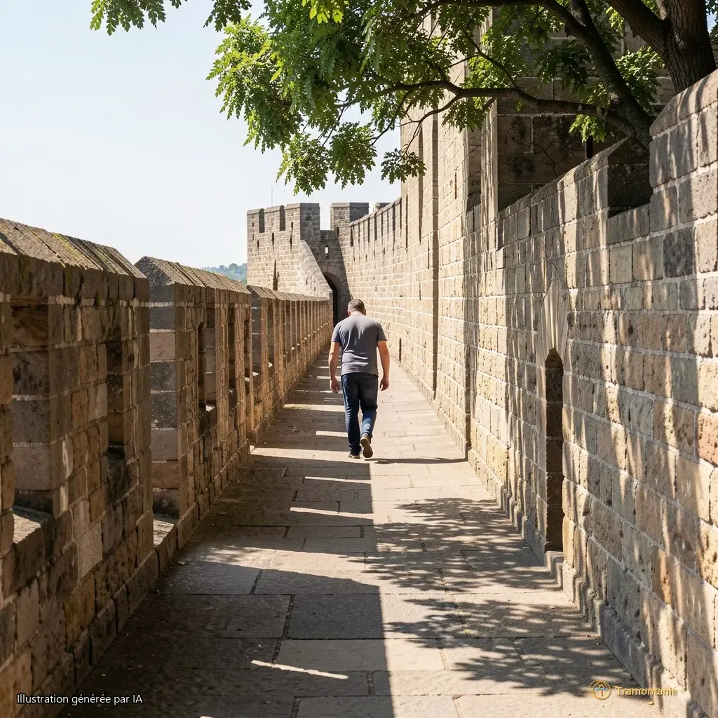 Vue en plongée des remparts depuis le chemin de ronde. Le mur est épais, les pierres bien jointées. Un seul homme marche à l’extrémité du parcours, dos cambré, main posée sur la paroi. L’ombre d’un arbre tombe en travers du cliché.
