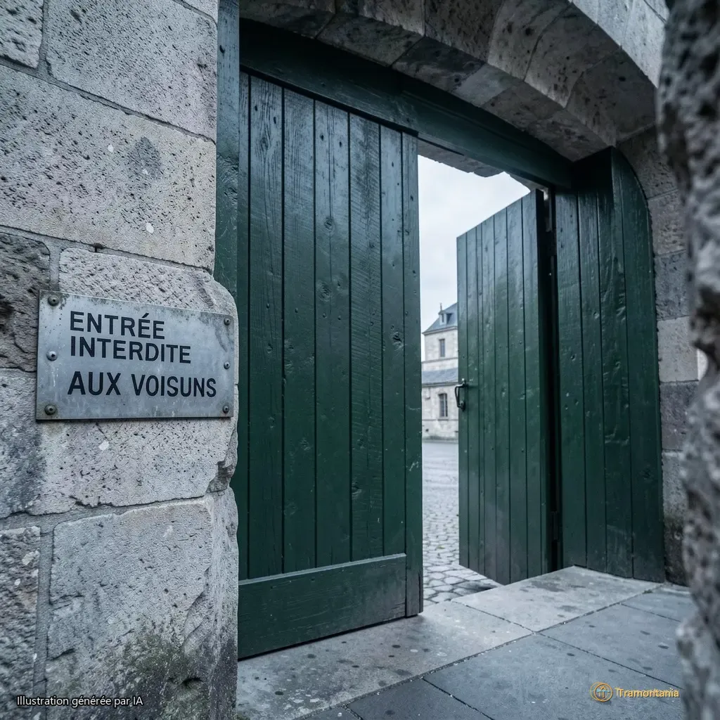 Porte de France vue depuis l’intérieur du rempart. Une porte en bois massif, peinte en vert foncé. Un panneau métallique cloué à gauche indique « Entrée interdite aux voitures ». La lumière est froide, presque grise.