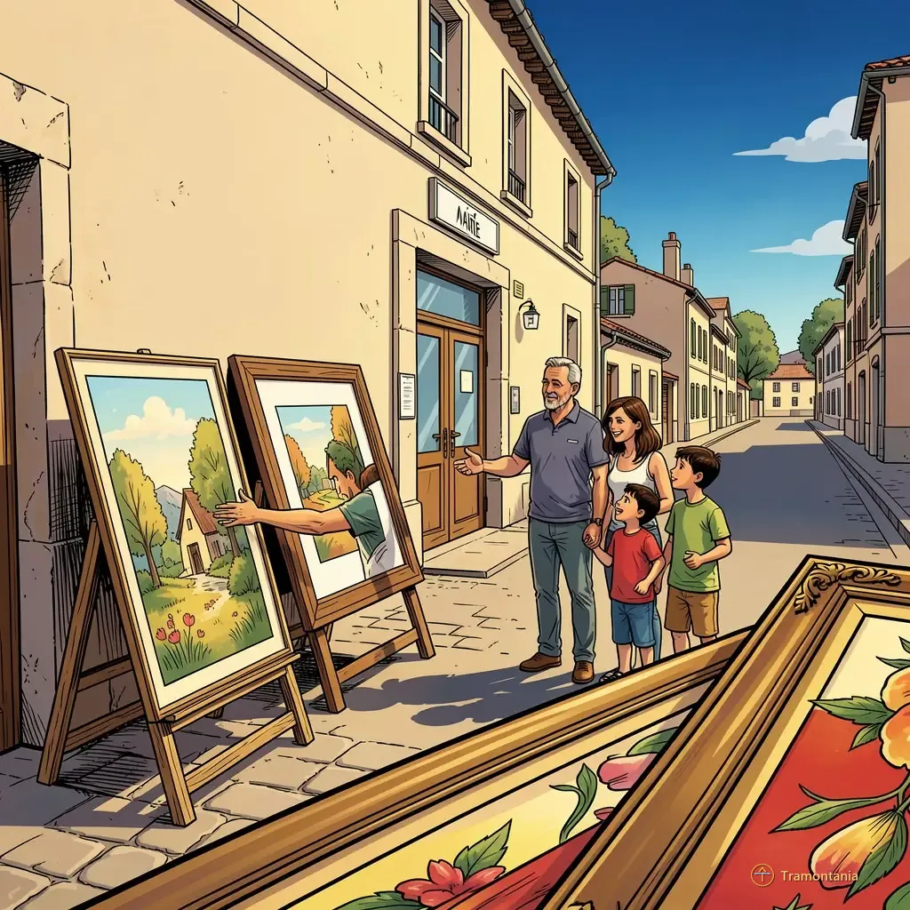 La rue principale devant l'hôtel de ville présente une exposition extérieure de plusieurs tableaux encadrés appuyés contre un mur neutre