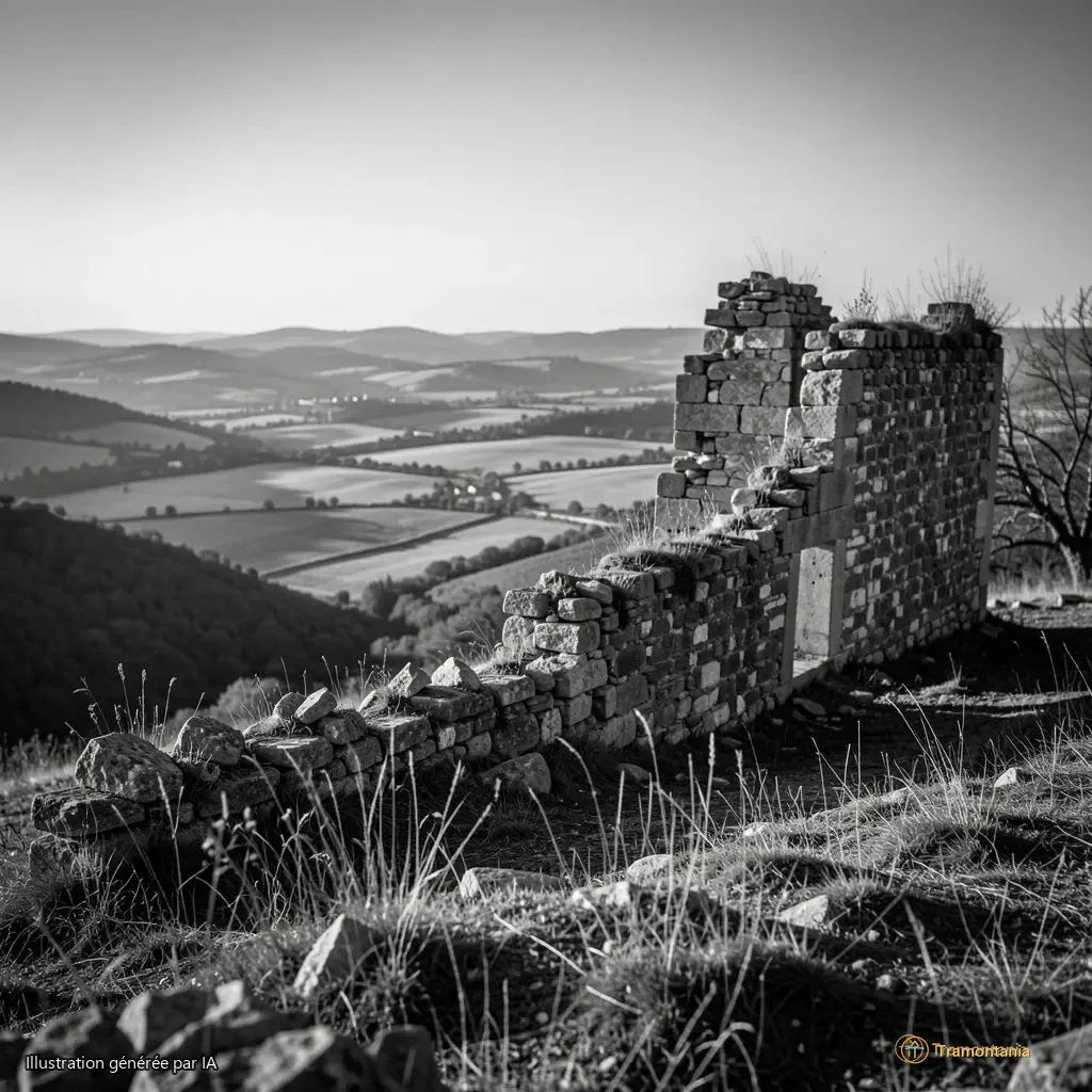 Photo noir et blanc d’un mas en ruine sur une colline, vue lointaine, lumière basse de fin d’après-midi, cadrage large avec la vallée du Têt au fond