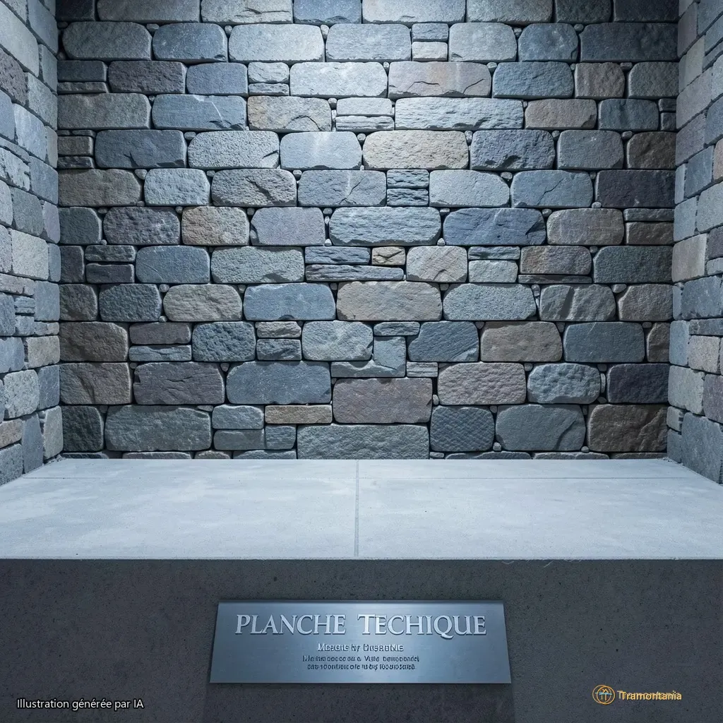 Planche technique détaillée sur un mur en pierre sèche, cadrage horizontal, éclairage froid, légende visible au premier plan
