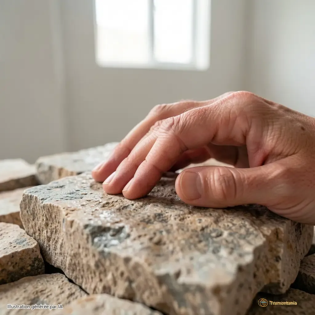 Détail d’une main posée sur la maquette de pierres sèches, cadrage neutre, lumière naturelle depuis une fenêtre haute