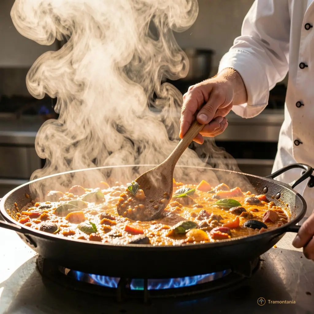 Close-up of a large paella pan being stirred by a chef with steam rising dramatically against the sunlight