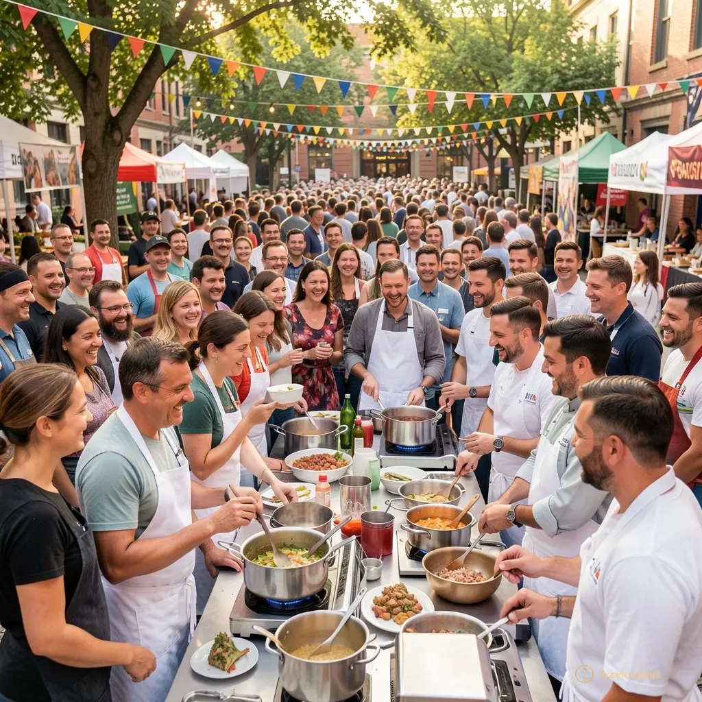 Crowd of people gathered around demonstration stations, smiling and interacting with chefs in an outdoor festive setting