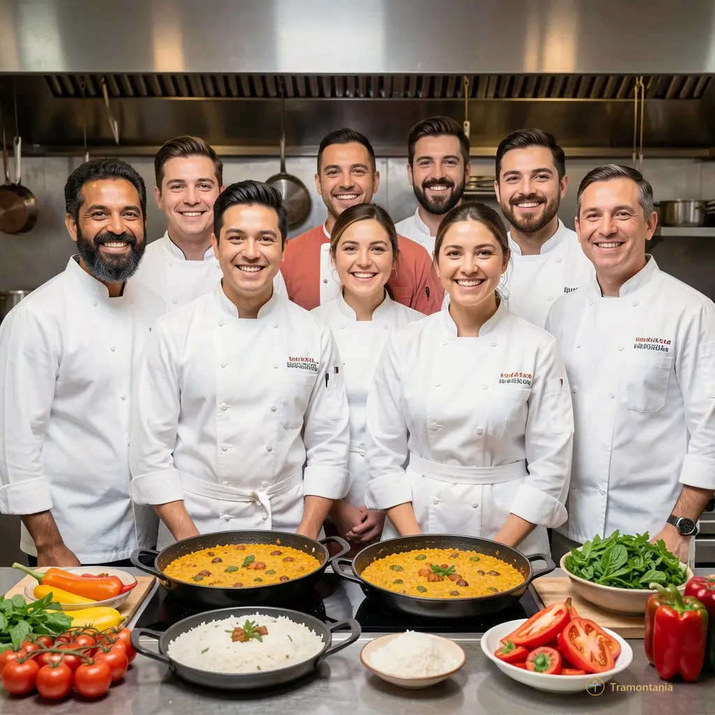 Group photo of diverse chefs smiling together with paella pans and fresh ingredients like rice, tomatoes, and peppers in the foreground