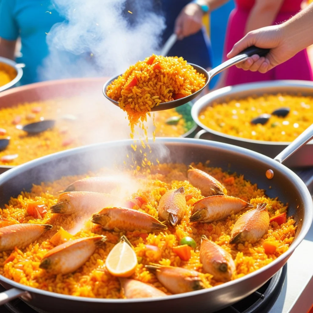 Close-up of hands stirring a vibrant orange paella in a large metal pan, steam rising, with a background of colorful festival decorations and a hint of a Pyrenean mountain dog watching curiously.
