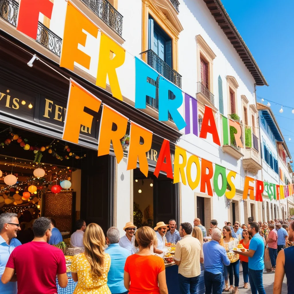 Detail shot of a colorful festival banner reading 'FERIARROS' in bold, playful letters, hanging above a bustling street scene with people holding plates and laughing, bright festive colors.