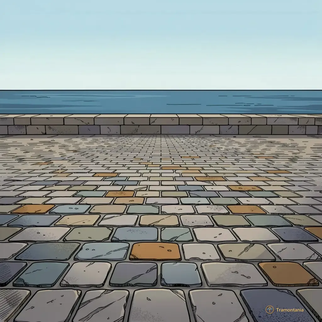 Nino, l'âne de Tramontania — Une grande place pavée de Canet-en-Roussillon s'ouvre sur une mer calme sous un ciel pâle