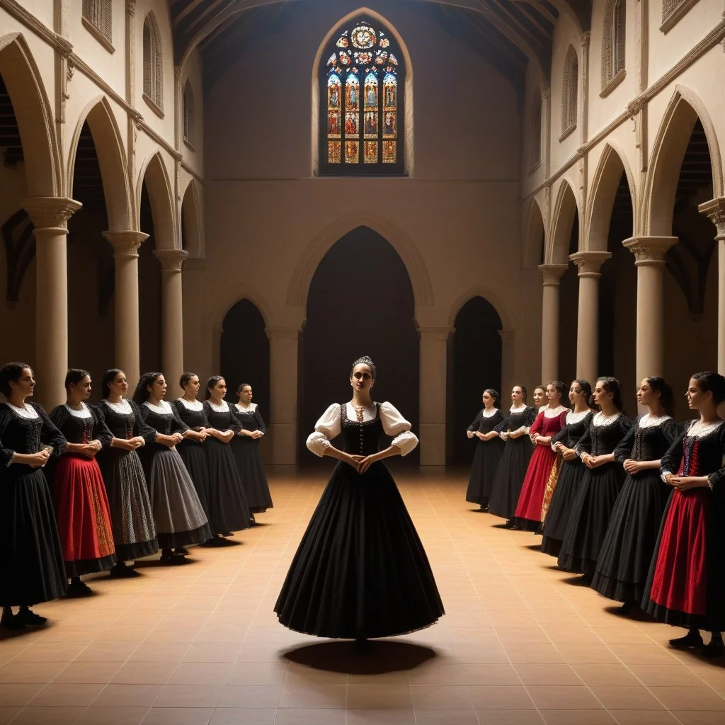 Un tableau ancien représentant une scène de danse traditionnelle catalane.