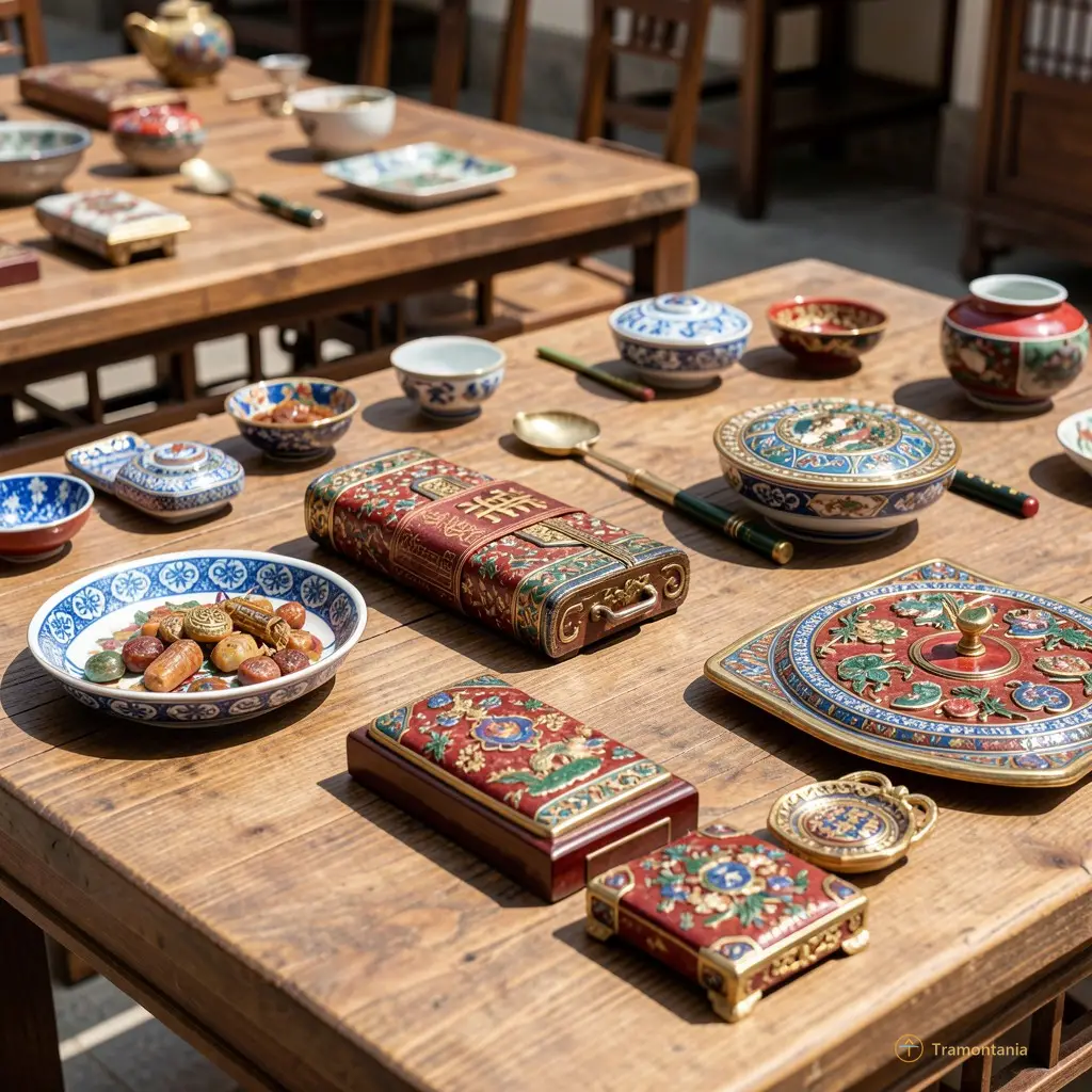 Close-up of intricate traditional Korean and Chinese crafts displayed on wooden tables under bright daylight
