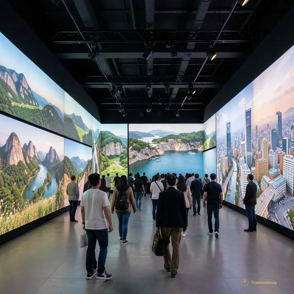 Visitors walking through an immersive photo exhibition featuring large-scale images of Korean landscapes and cityscapes